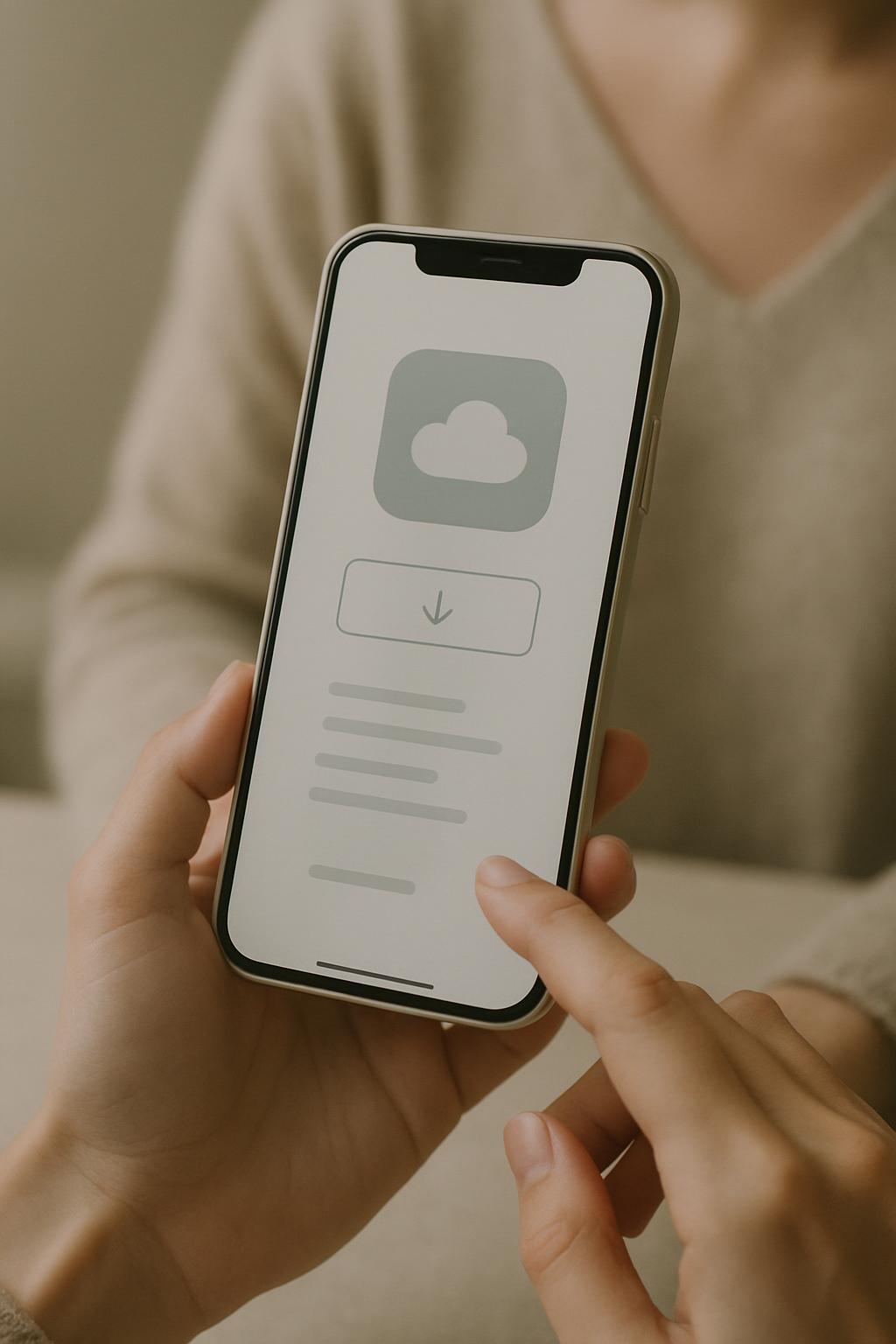 A person holding a smartphone with a download app screen on the display. The phone is in portrait orientation with a gray ...