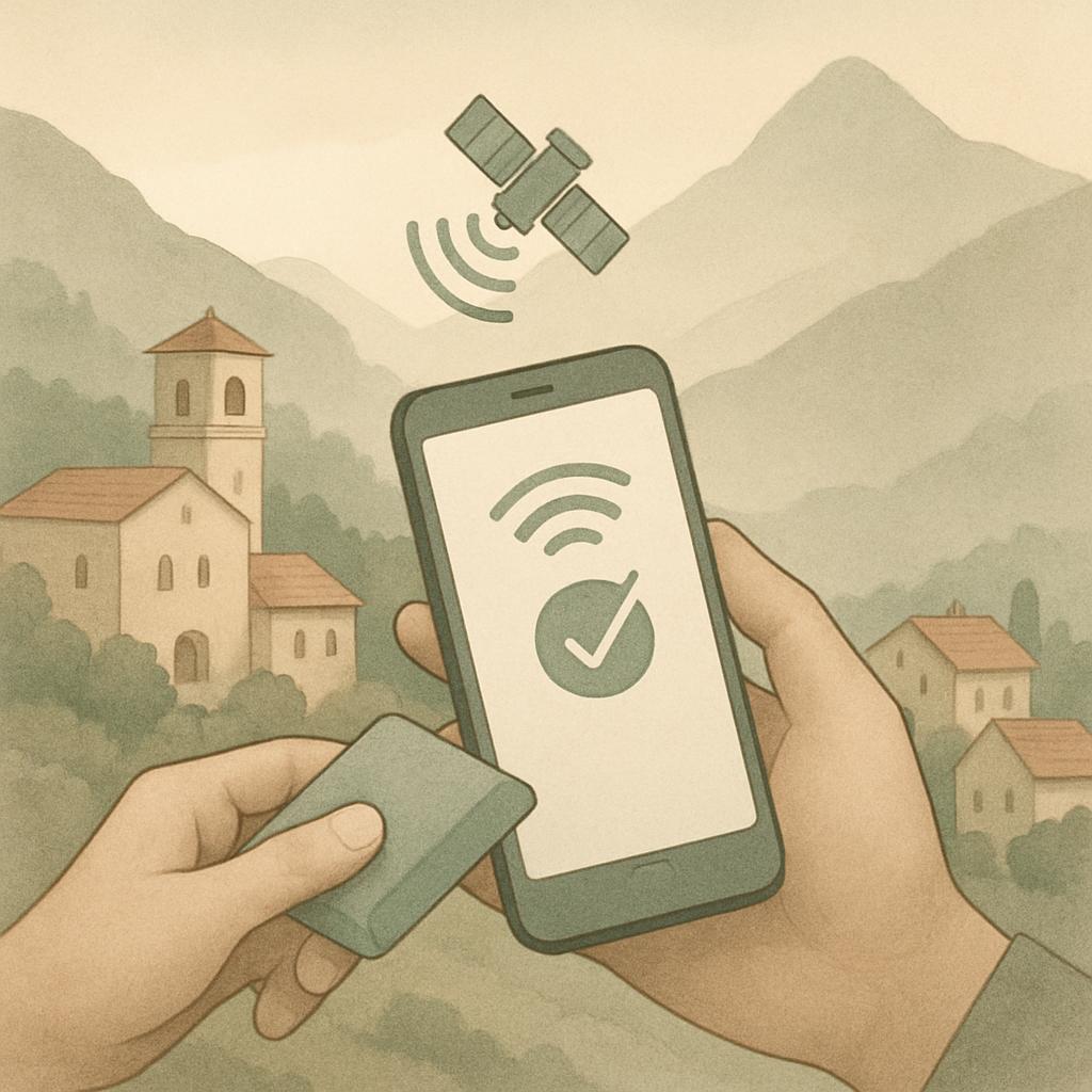 The alt text for this image is: "Abstract drawing, hand holding phone with screen symbol representing Wi-Fi network signal...