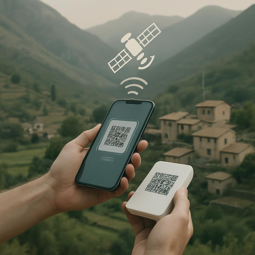 An illustration of two hands holding a phone and a QR code reader, set against a backdrop of a serene mountain landscape w...