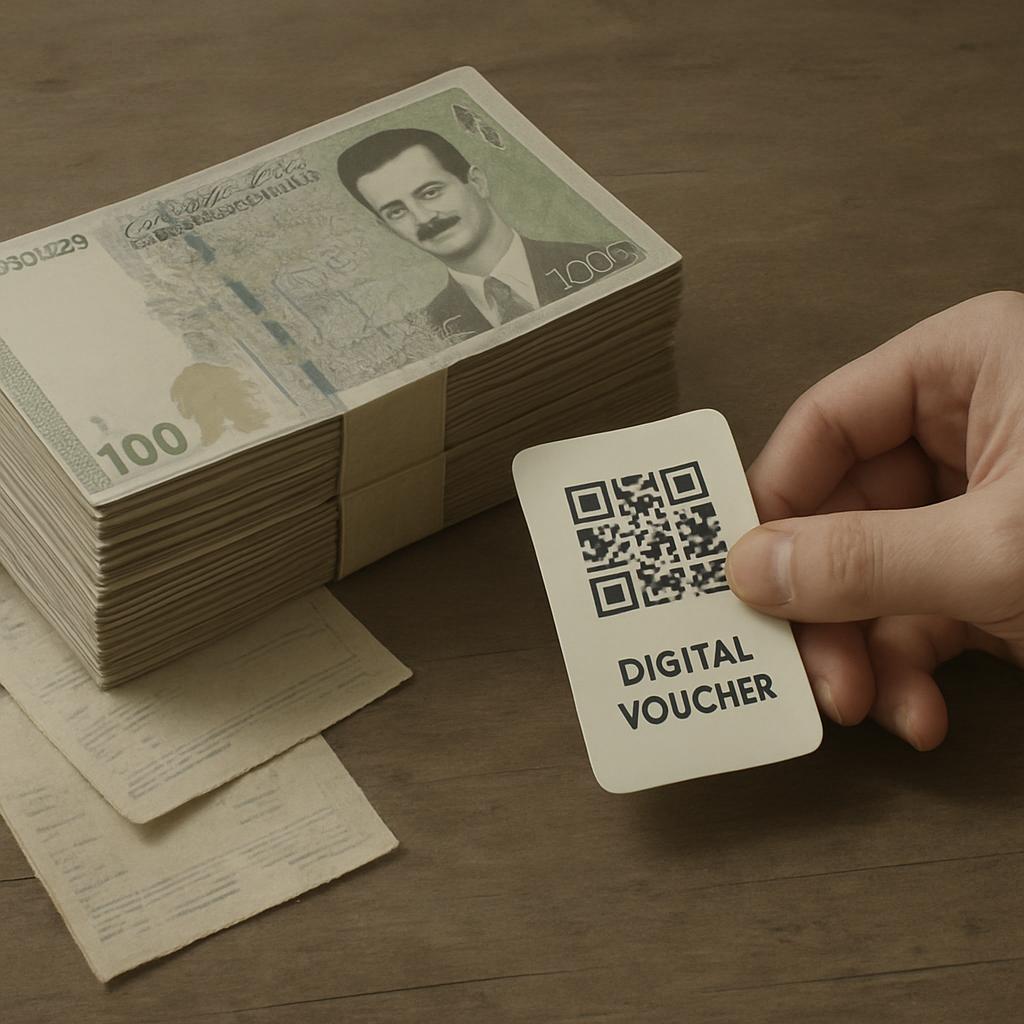 A person's hand holds a digital voucher with a QR code and the text "DIGITAL VOUCHER" near a stack of money on a wooden ta...